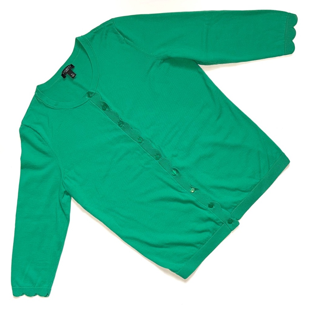 Talbots Kelly Green Cardigan Sweater SP Scalloped Edge Small Petite PS - Picture 8 of 9
